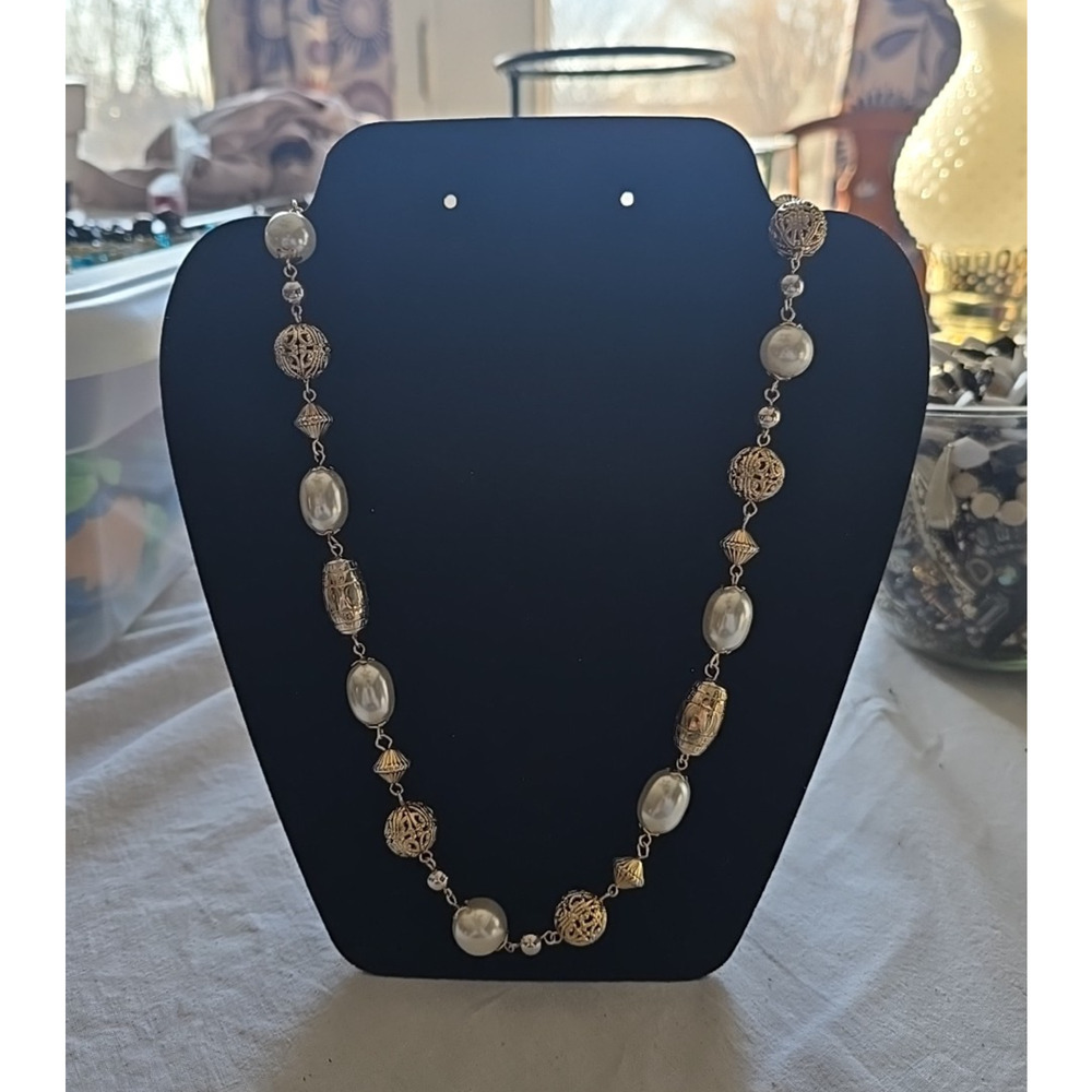 Vtg Gold Tone Faux Pearl Filigree‎ Beaded Korea Stamped Fashion Necklace Jewelry